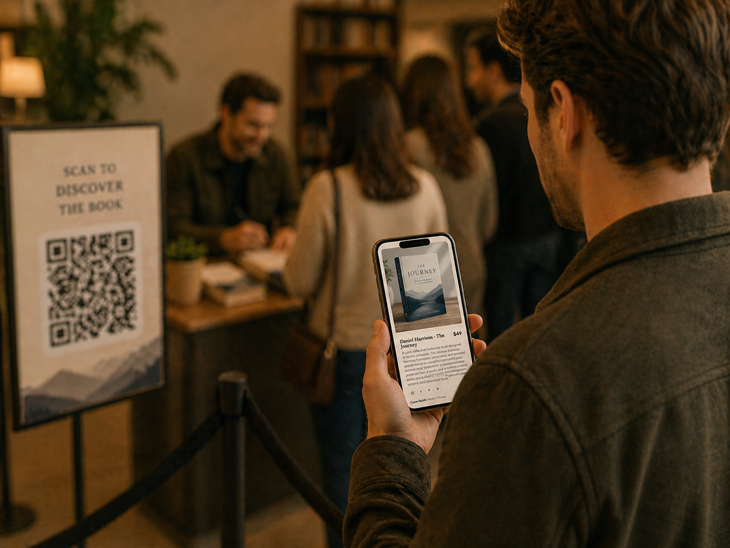 Customer scanning a QR code at a book signing event